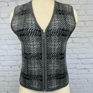 Vintage ICE V-Neck Wool Zip-Up Vest Black/Gray Plaid Sz S